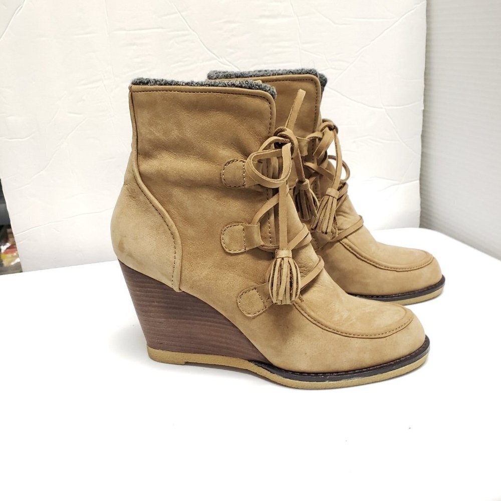 Lands' End sz 8 B Women's Wedge Nubuck Leather booties "Dark Fawn"